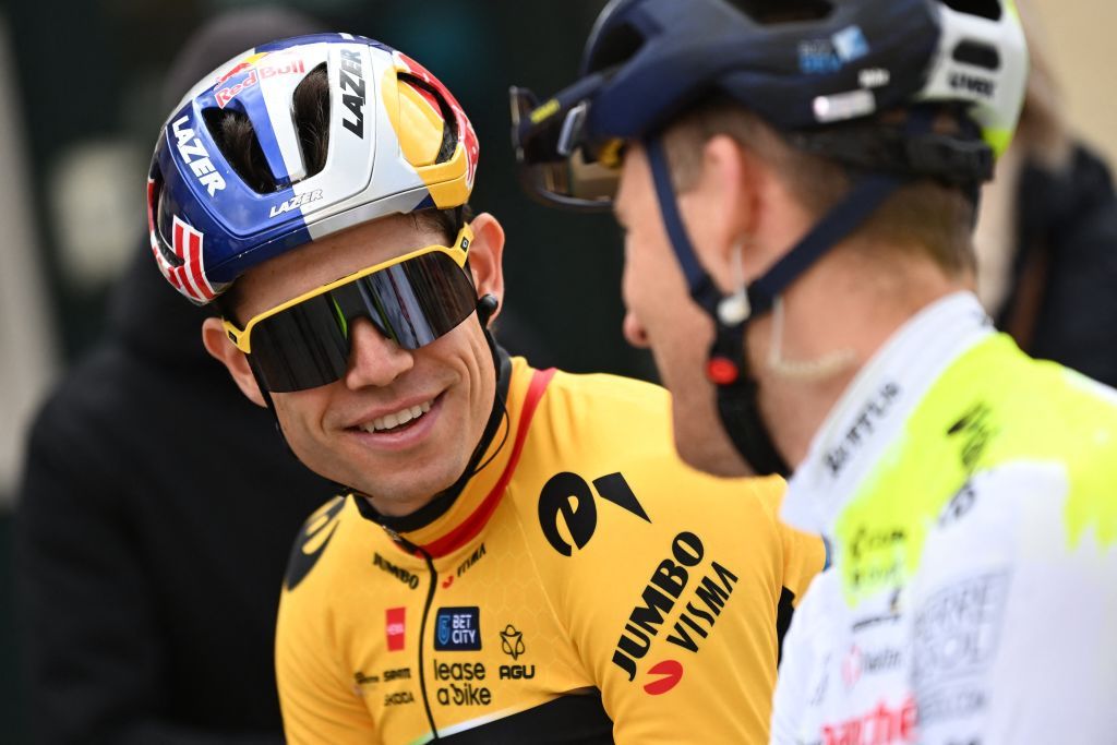 Belgian Wout van Aert of Team JumboVisma pictured at the start of the second stage of the TirrenoAdriatico cycling race from Camaiore to Follonica Italy 209 km Tuesday 07 March 2023BELGA PHOTO DIRK WAEM Photo by DIRK WAEM BELGA MAG Belga via AFP Photo by DIRK WAEMBELGA MAGAFP via Getty Images