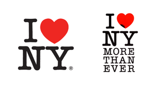 Iconic I [heart symbol] New York logo design and a later version where it was used after 9/11 and the logo says 'I [heart] NY more than ever'