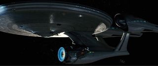 A still from the 2009 film "Star Trek" showing the reimagined U.S.S. Enterprise.