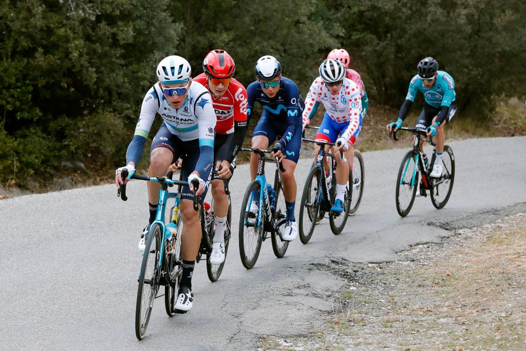 AUBAGNE FRANCE MARCH 11 LR Yevgeniy Fedorov of Kazahkstan and Team Astana Qazaqstan Sbastien Grignard of Belgium and Team Lotto Soudal Johan Jacobs of Switzerland and Movistar Team Valentin Madouas of France and Team Groupama FDJ polka dot mountain jersey Julius Van Den Berg of Netherlands and Team EF Education Easypost Victor Koretzky of France and Team BB Hotels PB KTM compete in the breakaway during the 80th Paris Nice 2022 Stage 6 a 2136km stage from Courthzon to Aubagne ParisNice WorldTour on March 11 2022 in Aubagne France Photo by Bas CzerwinskiGetty Images