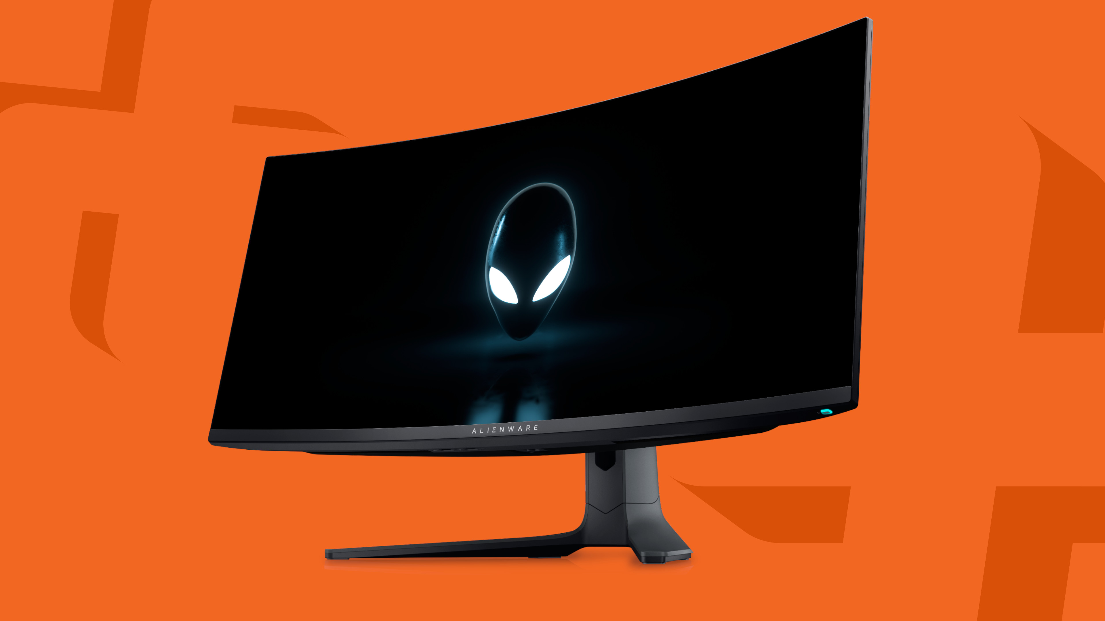 Alienware AW3423DWF gaming monitor on an orange background