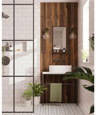 Industrial luxe bathroom with crittall style panel
