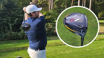 A golfer holding their finish on a tee shot and an inset of the TaylorMade R7 Quad mini driver