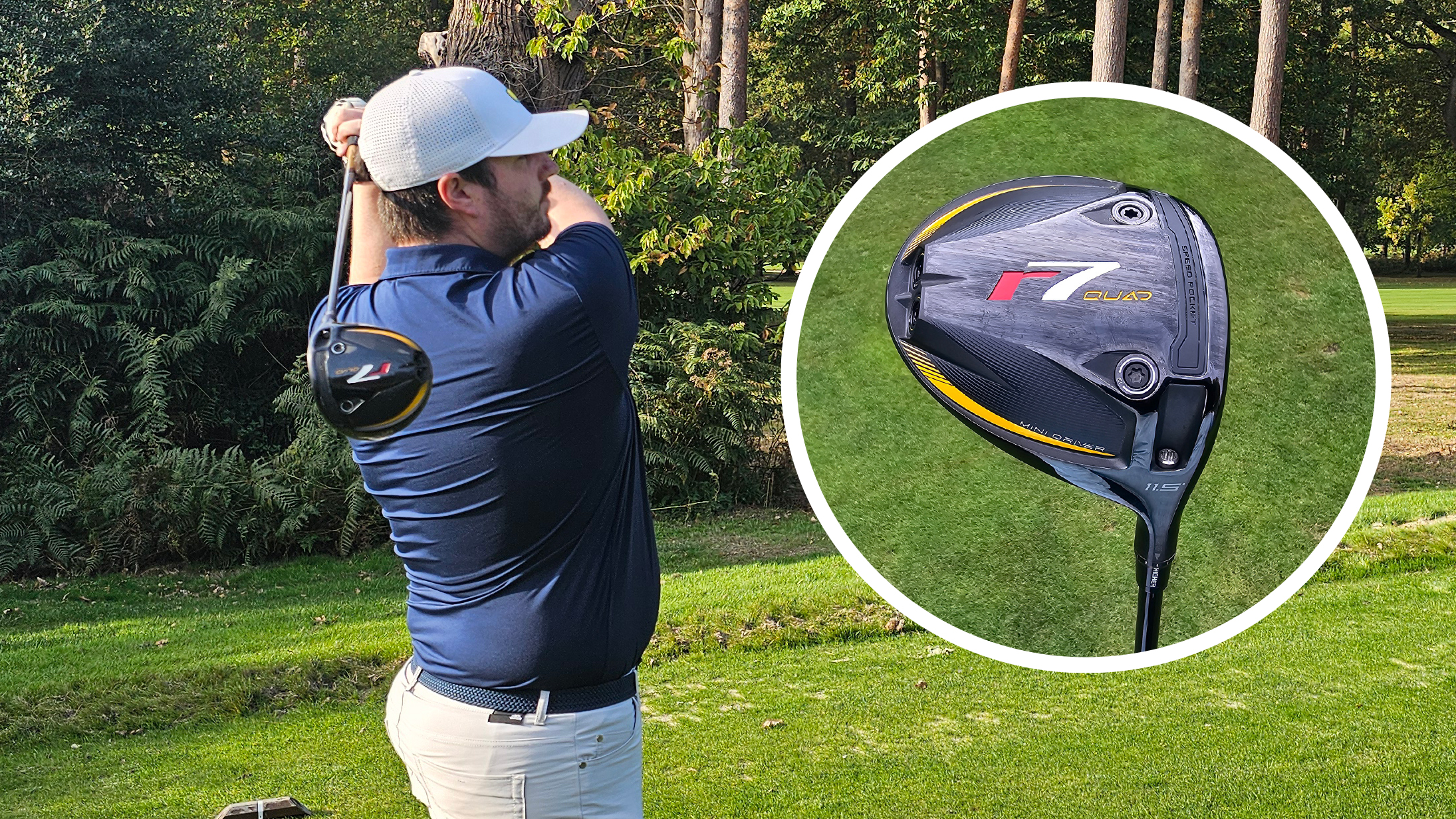 A golfer holding their finish on a tee shot and an inset of the TaylorMade R7 Quad mini driver