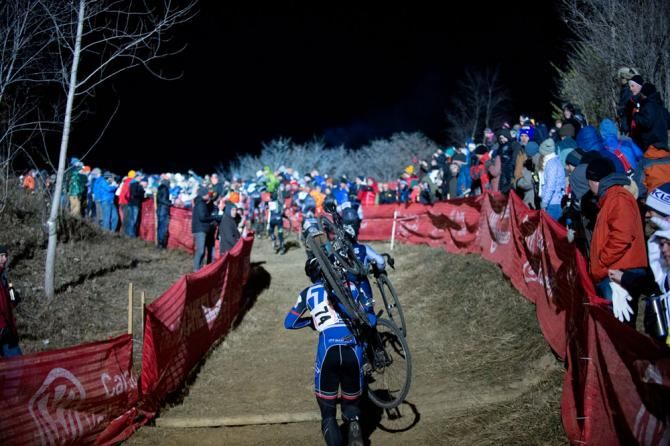 The men's field starts up Mt. Krumpit in front of crazy fans.