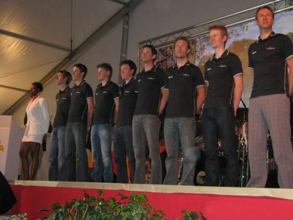 Saxo Bank line-up on stage at the team presentation