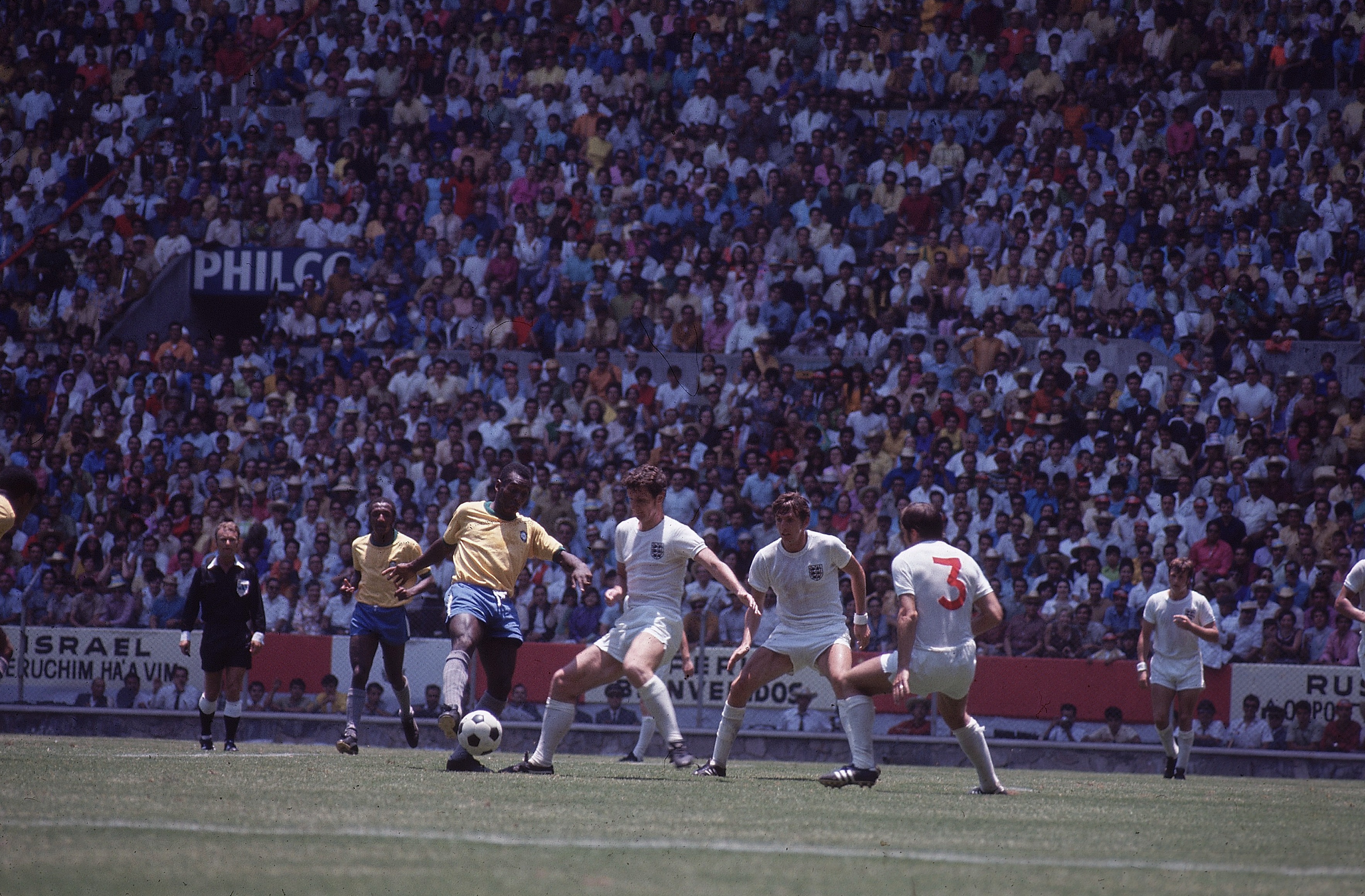 Pele in action for Brazil against England at the 1970 World Cup.