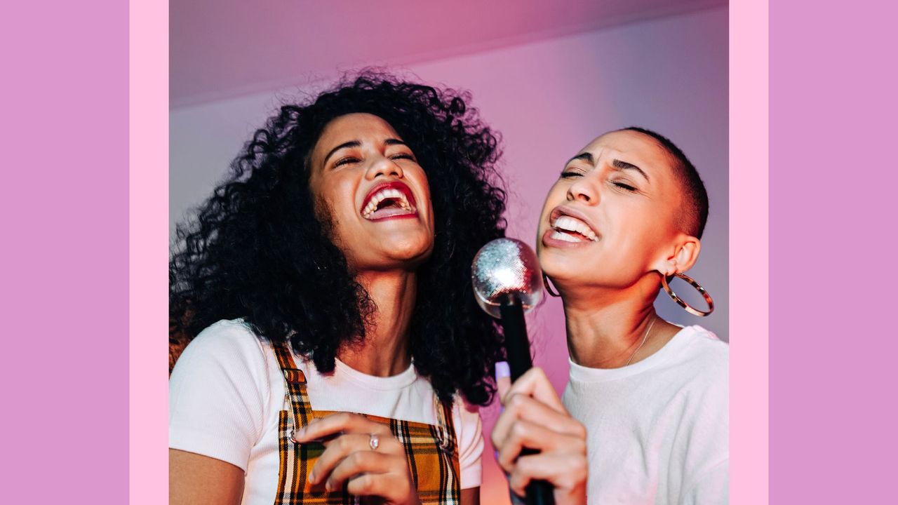 Young couple doing karaoke on a date