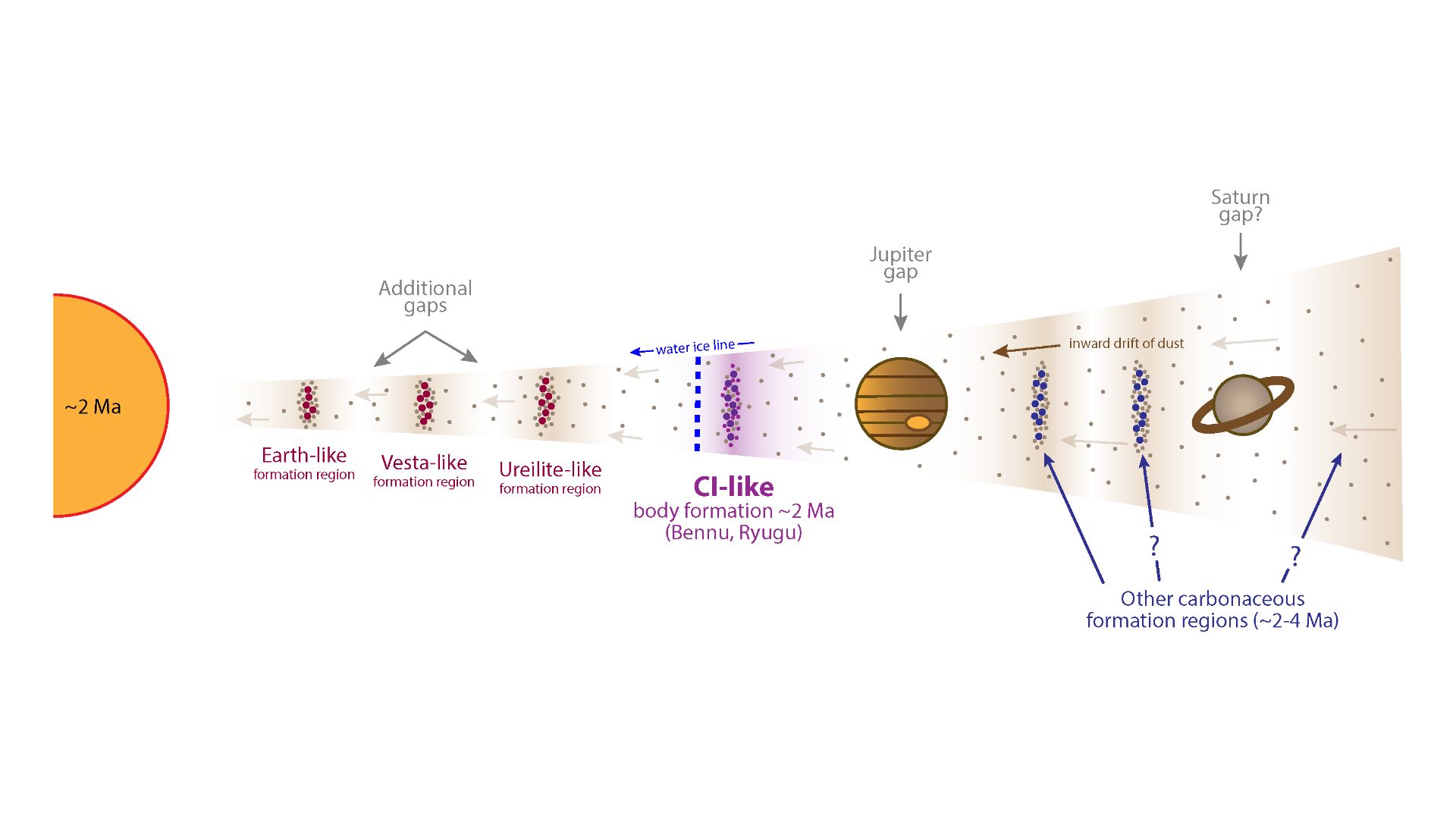A diagram showing where different asteroid types are in relation to the sun.