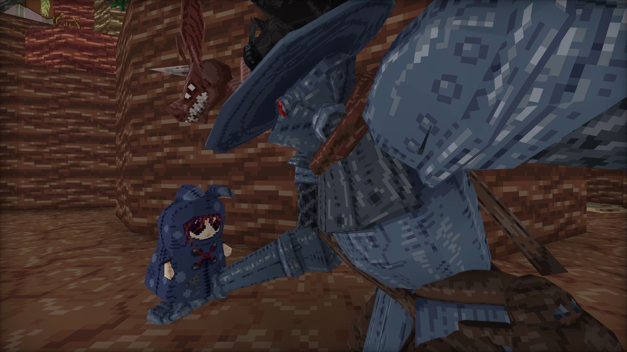 Low poly armor clad figure bends down to pick up chibi doll character off ground in Mohrta.