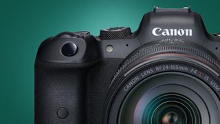 The Canon EOS R6 camera on a green background