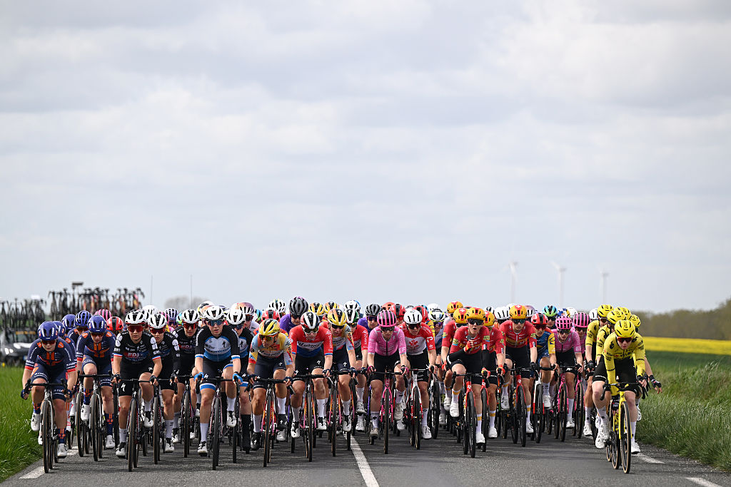 ROUBAIX, FRANCE - APRIL 12: A general view of the peloton competing during the 6th Paris-Roubaix Femmes Hauts-de-France 2026 - Women's Elite a 143.1km one day race from Denain to Roubaix / #UCIWWT / on April 12, 2026 in Roubaix, France. (Photo by Luc Claessen/Getty Images)