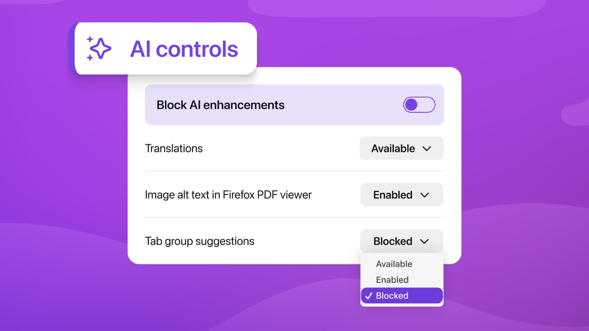 AI controls in the Mozilla Firefox web browser.