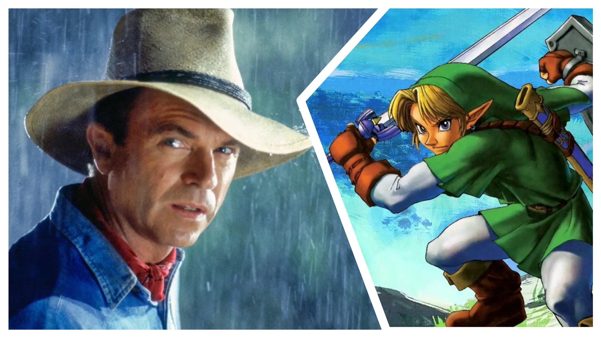 Sam Neill in Jurassic Park next to an image from the Zelda games