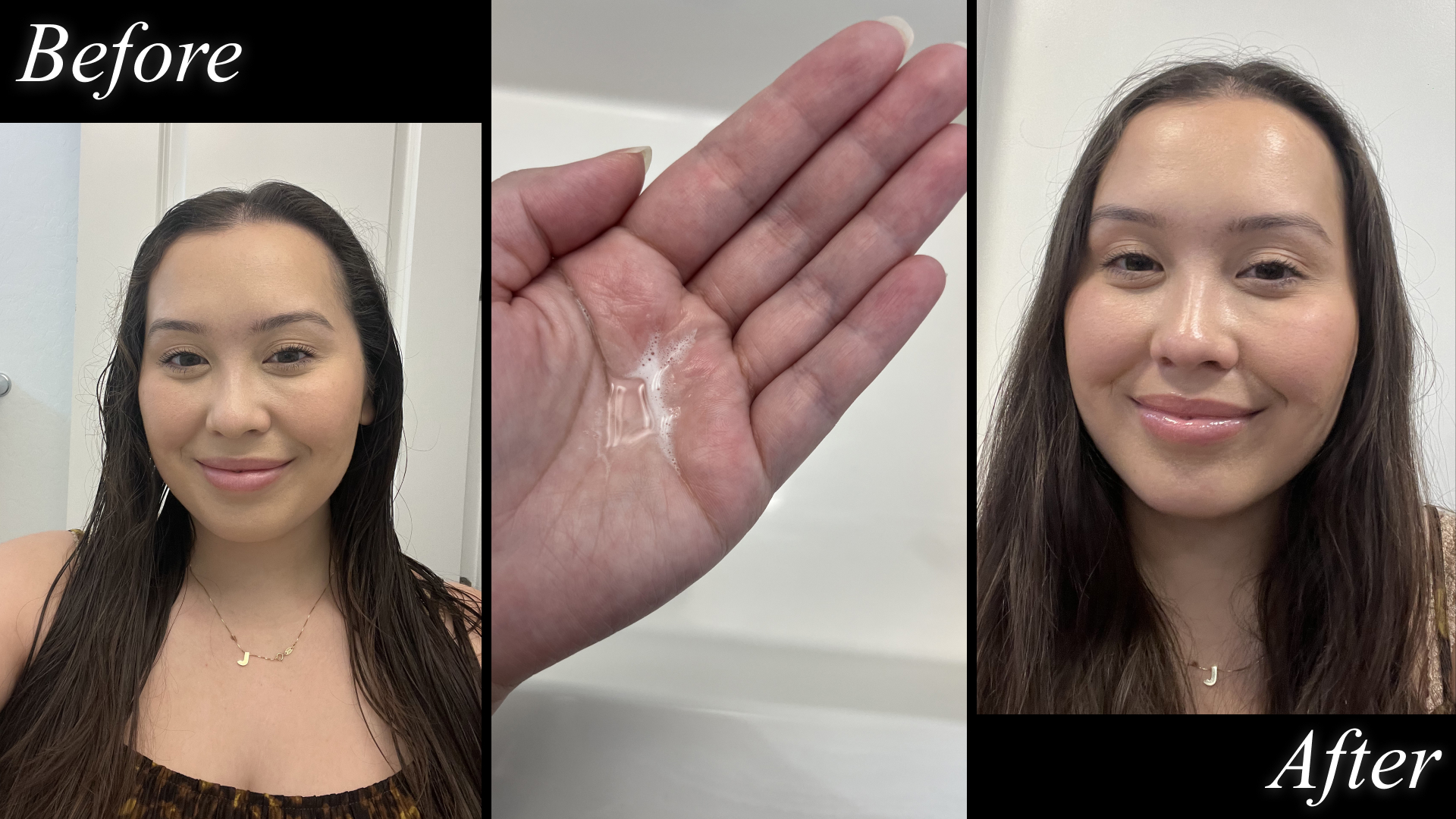 three image collage of catharine malzahn before and after using herbal essences all in 1 nourishing spray, plus product texture