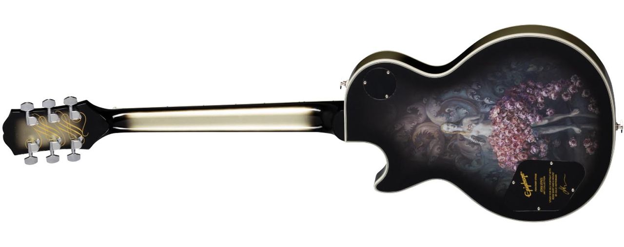 The Epiphone Adam Jones Art Collection Les Paul Custom Julie Heffernan is finished in Antique Silverburst and features Heffernan's &ldquo;Study For Self-Portrait with Rose Skirt and a Mouse&rdquo; on the back