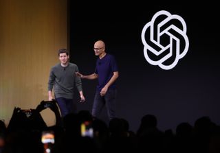 OpenAI CEO Sam Altman pictured on stage with Microsoft chief executive Satya Nadella at the inaugural OpenAI developer conference