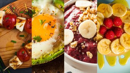 A selection of breakfast ideas that are not cereal or toast, including halloumi skewers, eggs in avocado, smoothie bowl, and pancakes