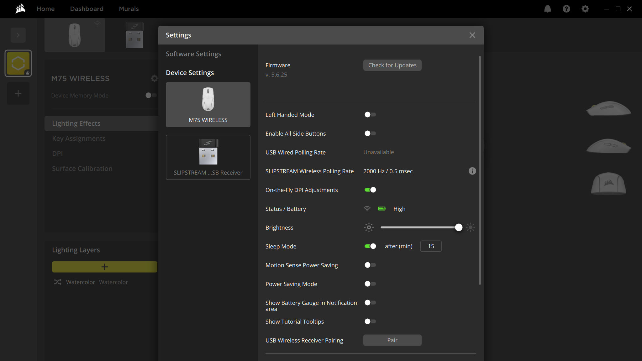 Screenshots of Corsair's iCUE application, showing the software controls for the Corsair M75 Wireless gaming mouse