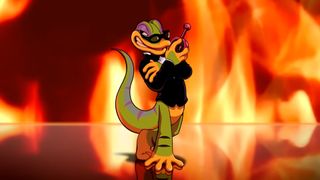 Gex stands against a fiery background.