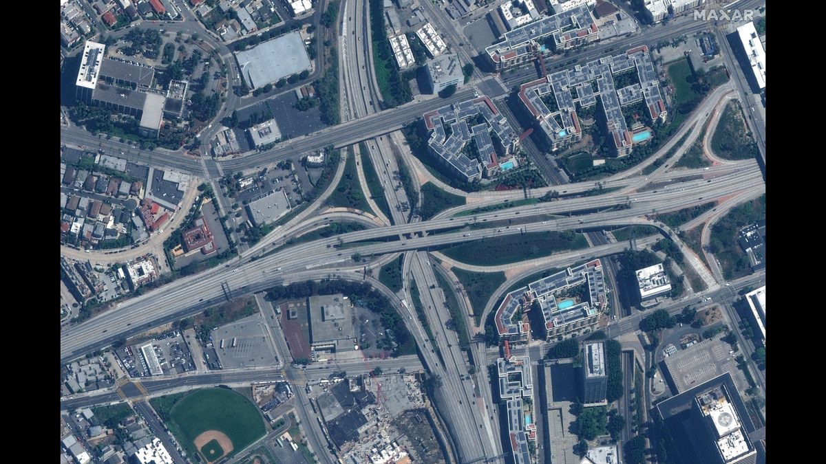The same highway interchange in Los Angeles, California, on March 22, 2020.