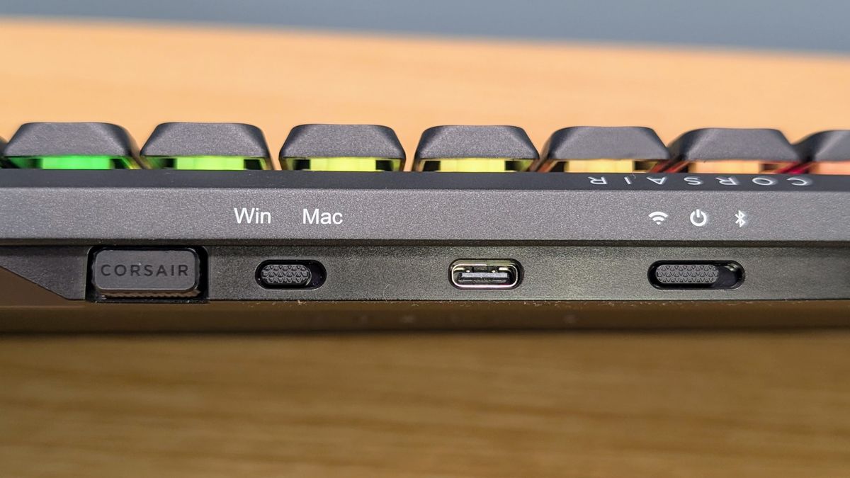 Corsair Vanguard Air 99 Wireless keyboard ports and switches close up