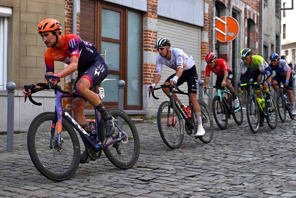 BINCHE BELGIUM OCTOBER 03 Stephen Bassett of The United States and Team Human Powered Health competes during the 36th Binche Chimay Binche Mmorial Frank Vandenbroucke 2023 a 1986km one day race from Binche to Binche UCIWT on October 03 2023 in Binche Belgium Photo by Luc ClaessenGetty Images