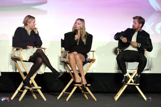 Greta Gerwig, Margot Robbie and Ryan Gosling onstage at Warner Bros.' "Barbie" Los Angeles Special Screening and Q&A at Harmony Gold on January 05, 2024 in Los Angeles, California.