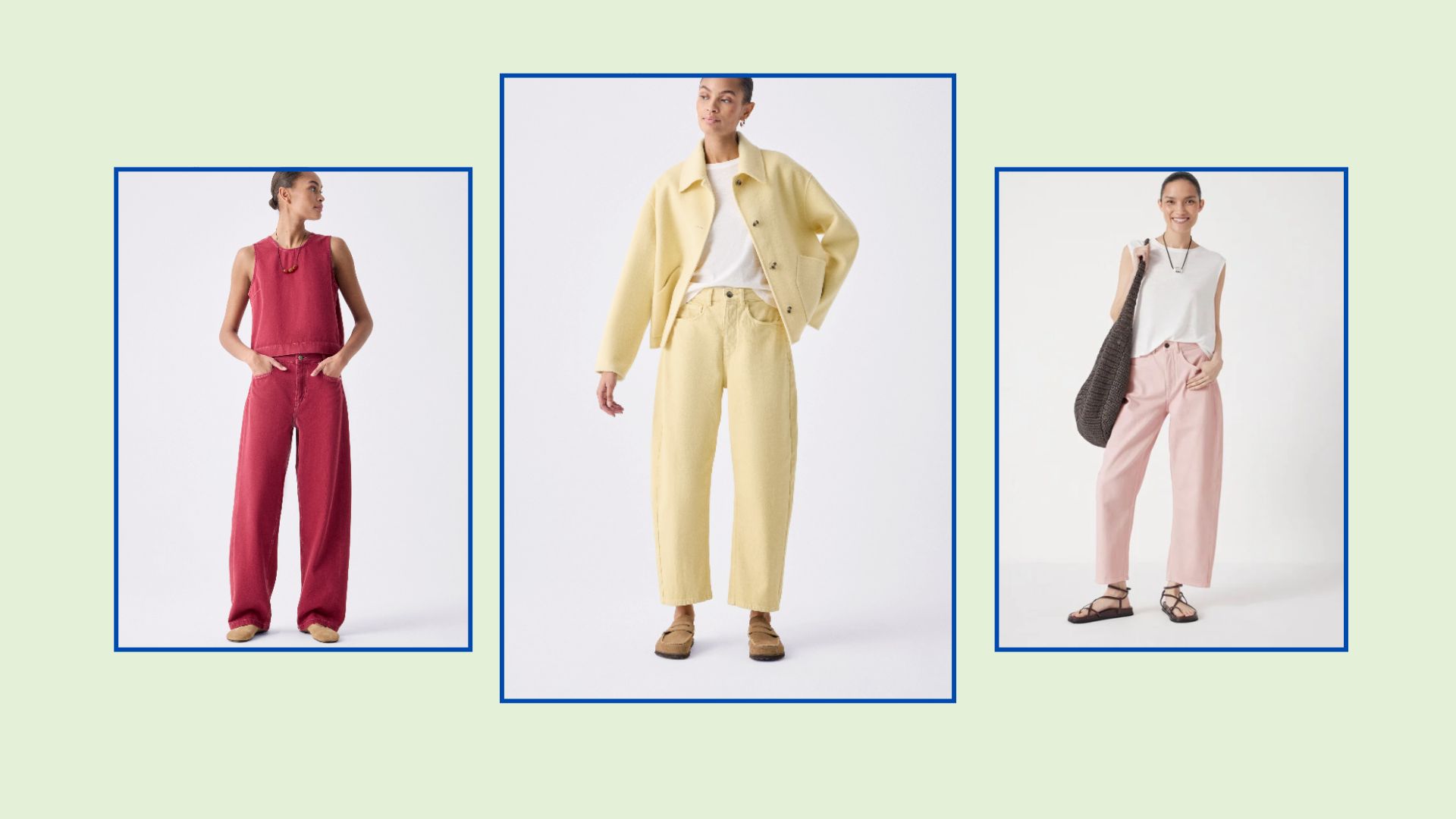 three models wearing coloured denim from hush