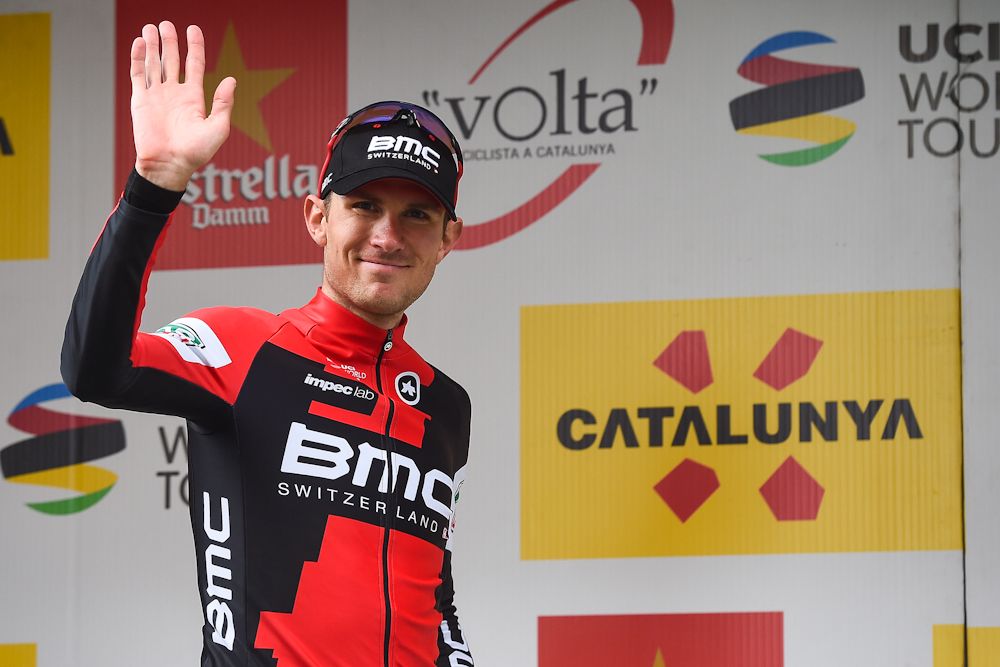 Overall leader, BMC's US cyclist Tejay Van Garderen, celebrates on the podium of the fourth stage of the 97th Volta Catalunya