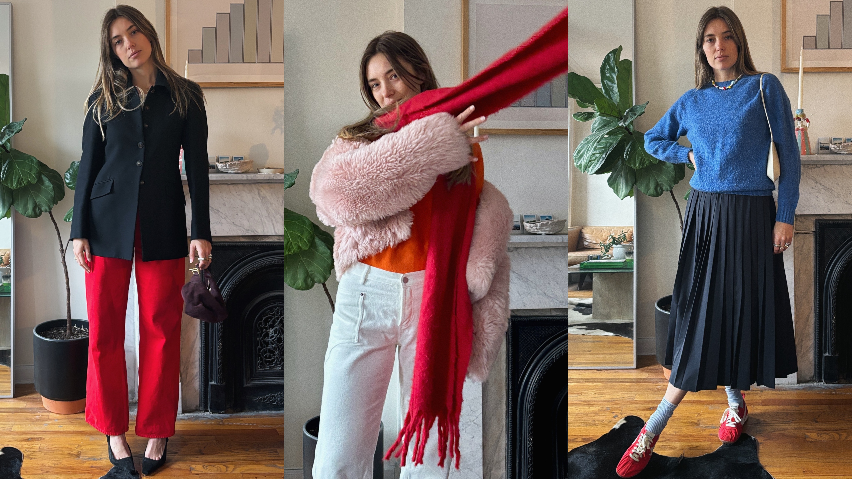 aemilia madden wearing a black blazer and red pants; aemilia madden wearing a red scarf, a pink coat, and white pants; aemilia madden wearing a blue sweater, a black skirt, and red shoes