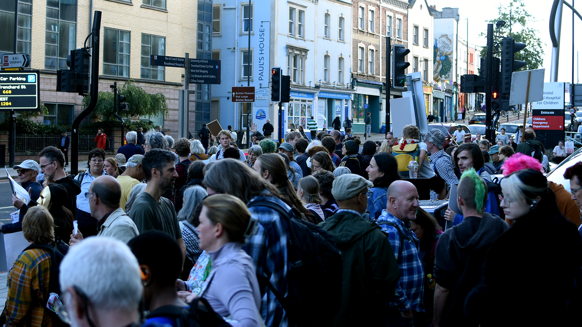 People during a protest against Palantir in the NHS in front of the Bristol Royal Infirmary on October 1, 2026
