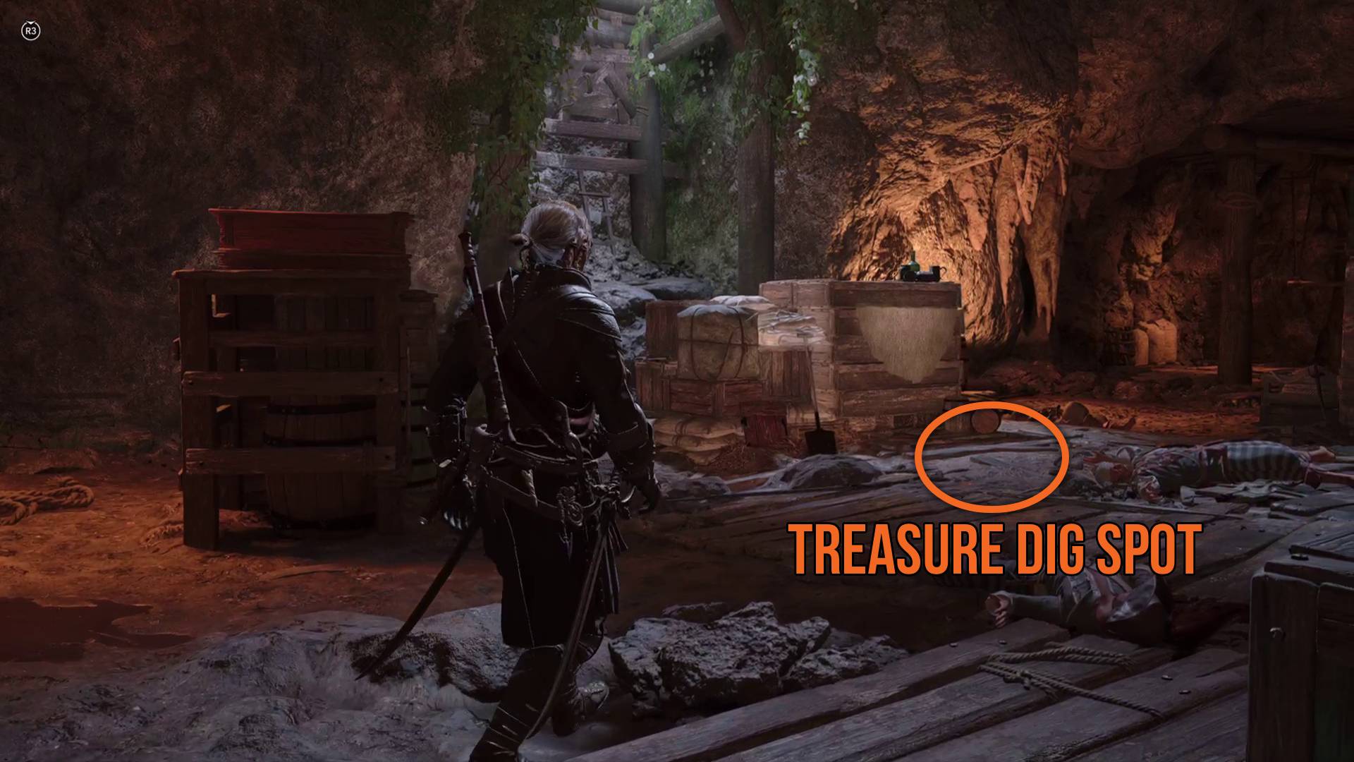 Black Flag Resynced Anotto Bay treasure dig spot in dirt patch highlighted with orange circle