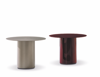Milan Design Week Minotti Toki coffee tables in red and taupe