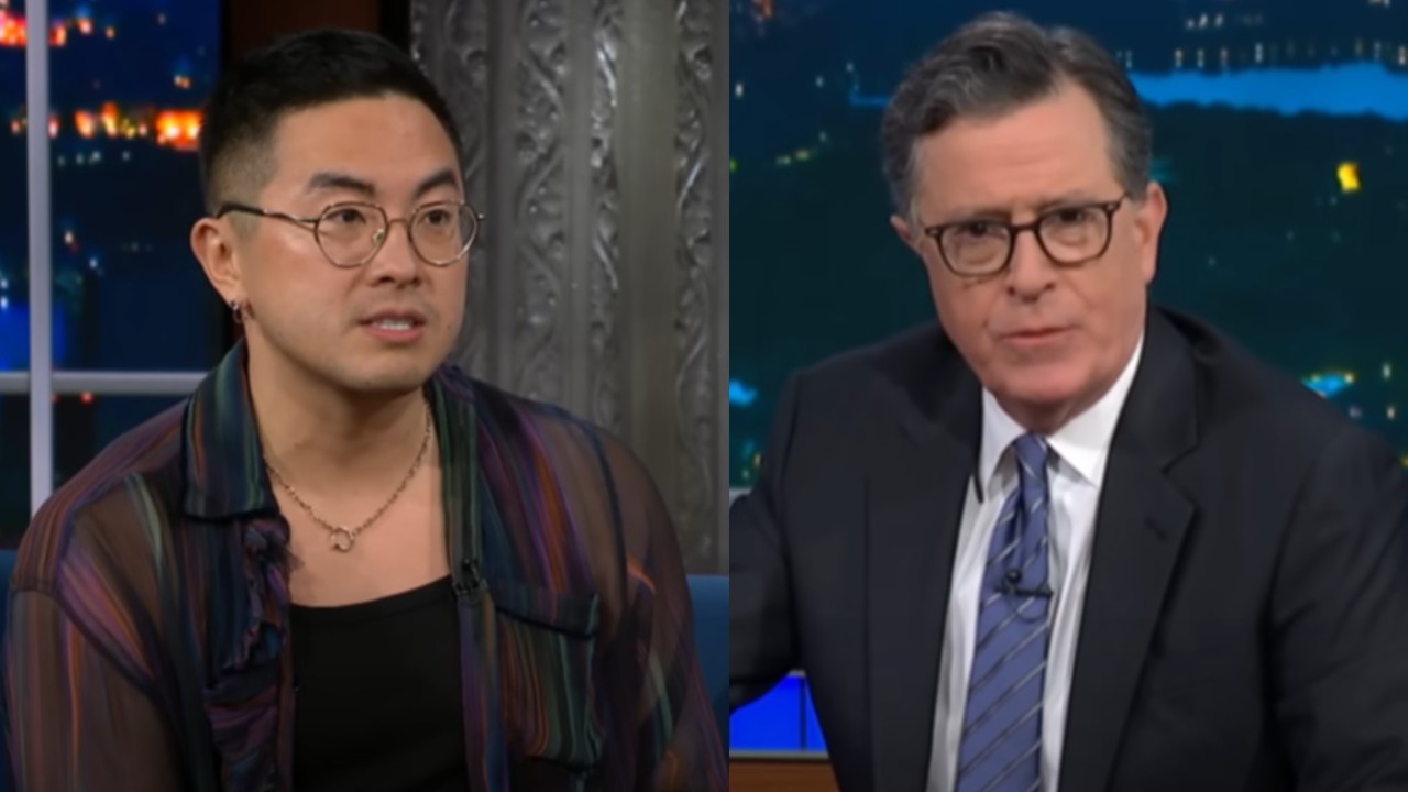 From left to right: Bowen Yang talking and looking to his right on The Late Show and Stpehen Colbert looking into the camera on The Late Show. 