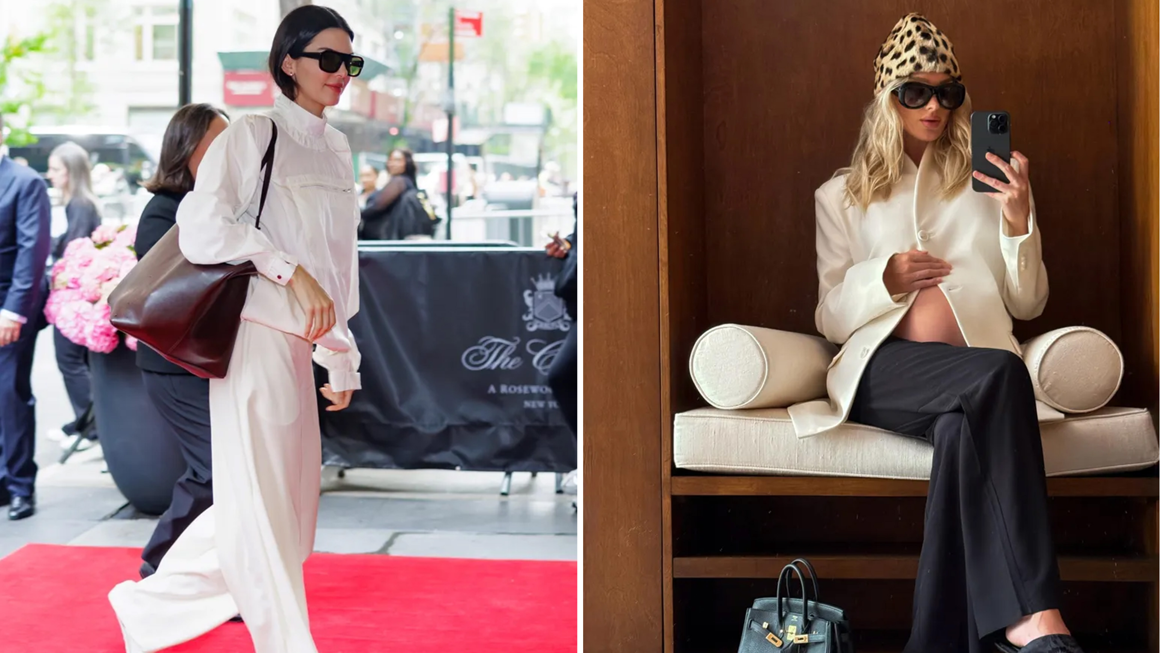 kendall jenner wears a white jacket, brown tote bag, the row slippers and white pants. Elsa hosk wears a leopard hat, white jacket, black pants, and black the row slippers.