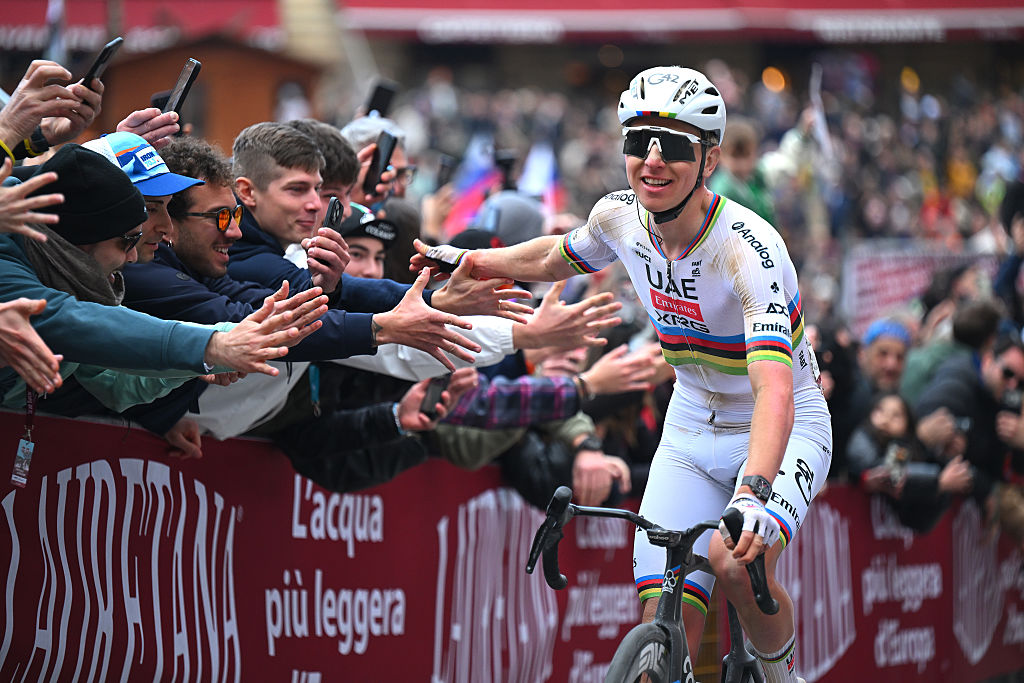 SIENA, ITALY - MARCH 07: Tadej Pogacar of Slovenia and UAE Team Emirates - XRG celebrates at finish line as race winner during the 20th Strade Bianche 2026 a 203km one day race from Siena to Siena / #UCIWT / on March 07, 2026 in Siena, Italy. (Photo by Tim de Waele/Getty Images)