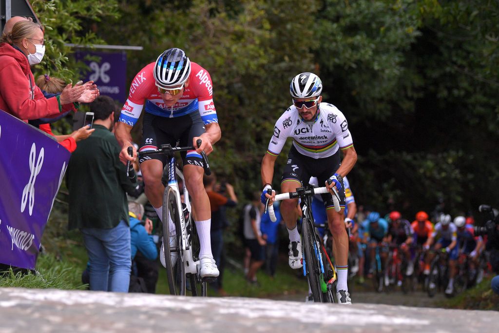 OVERIJSE BELGIUM OCTOBER 07 Mathieu Van Der Poel of Netherlands and Team AlpecinFenix Julian Alaphilippe of France and Team Deceuninck QuickStep during the 60th Brabantse Pijl 2020 Men Elite a 197km race from Leuven to OverijseSchavei 106m La Flche Brabanonne BP20 on October 07 2020 in Overijse Belgium Photo by Luc ClaessenGetty Images