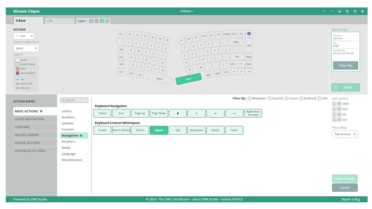 A screenshot of Kinesis' Clique keyboard browser-based software