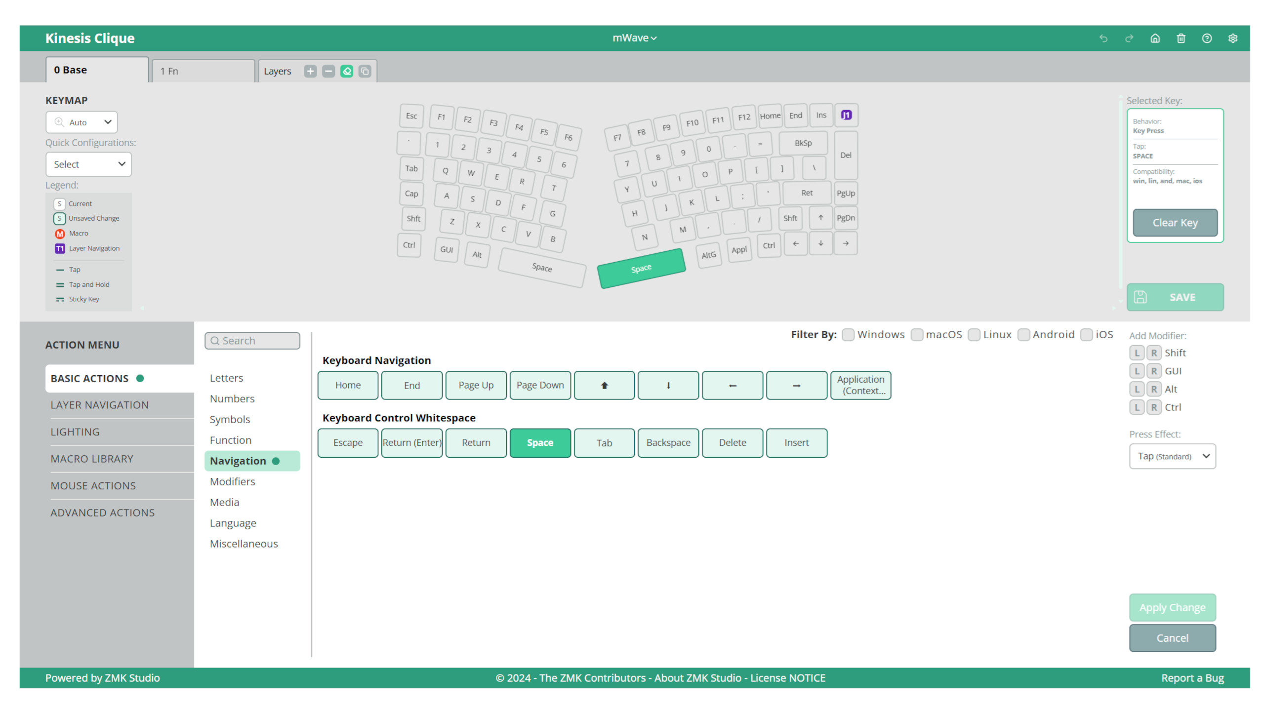 A screenshot of Kinesis' Clique keyboard browser-based software