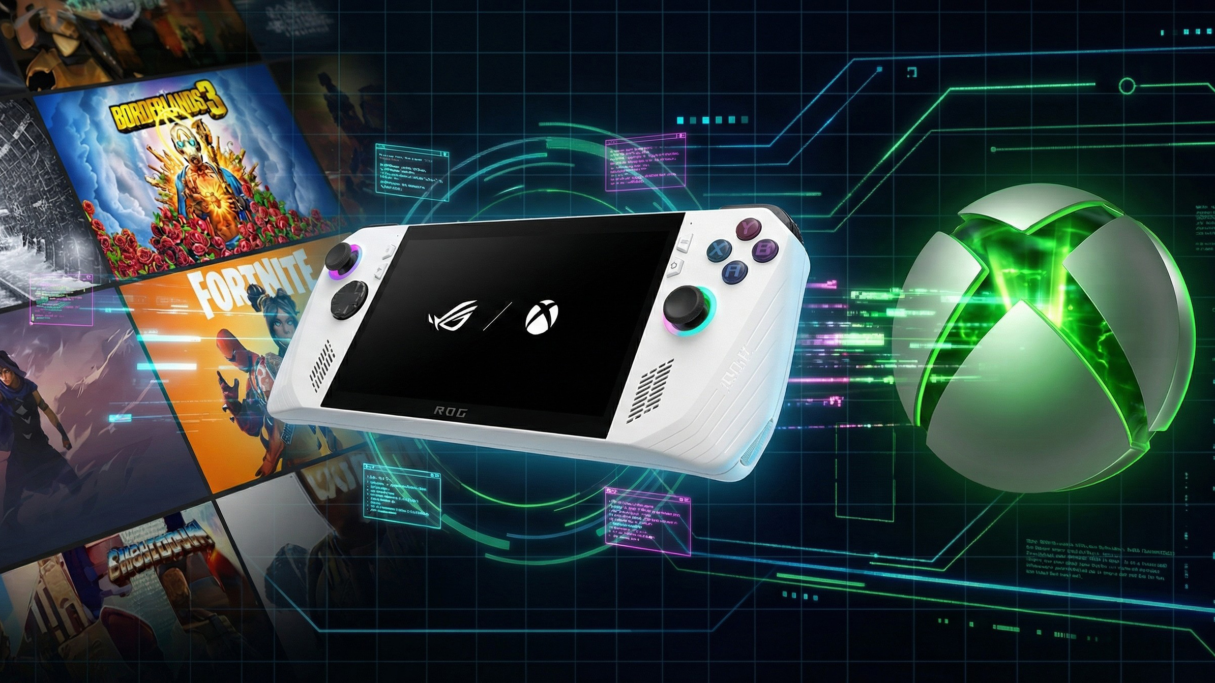 Xbox Ally mockup with Xbox logo and Epic Store logos