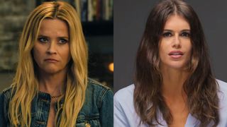 Reese Witherspoon, looking marose, wearing a denim shirt in The Morning Show, Kaia Gerber in a light blue top in a Harper's Bazaar interview.