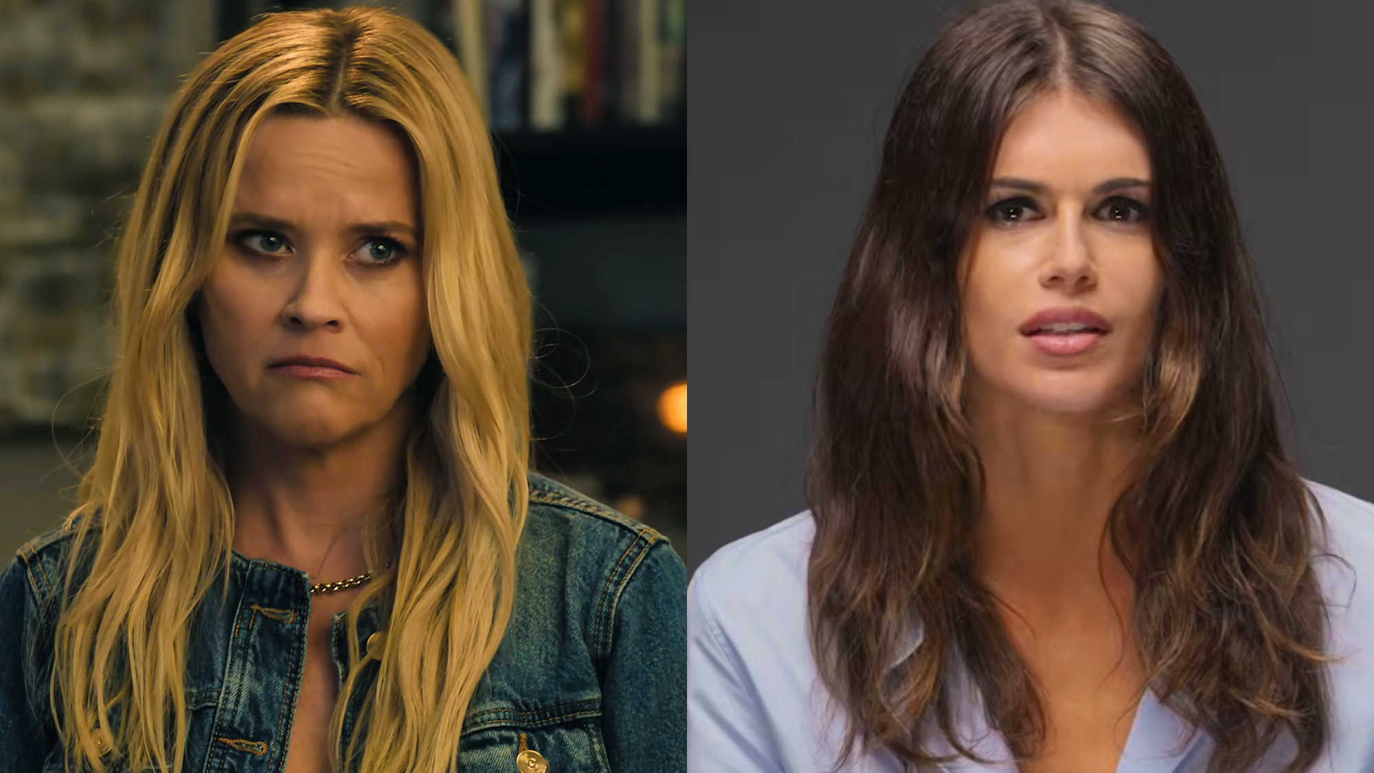 Reese Witherspoon, looking marose, wearing a denim shirt in The Morning Show, Kaia Gerber in a light blue top in a Harper's Bazaar interview.