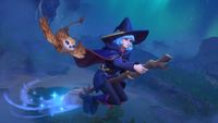 A witch flies with an owl-like familiar in Witchspire.