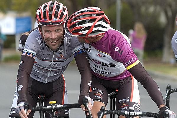 Great stuff mate: Fellow Queenslanders and Fly V Australia teammates Chris Pryor (left) and Jonathan Cantwell are ecstatic with Michael Hepburn's stage win.