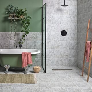 bathroom with foliage and wooden ladder