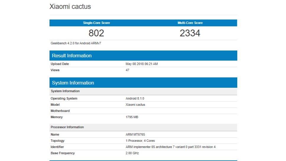 Xiaomi Cactus on Geekbench
