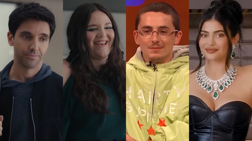 Paul W. Downs and Megan Stalter are shown on Hacks; Timothee Chalamet is shown on the Graham Norton Show, and Kylie Jenner is shown in an interview with Vogue.