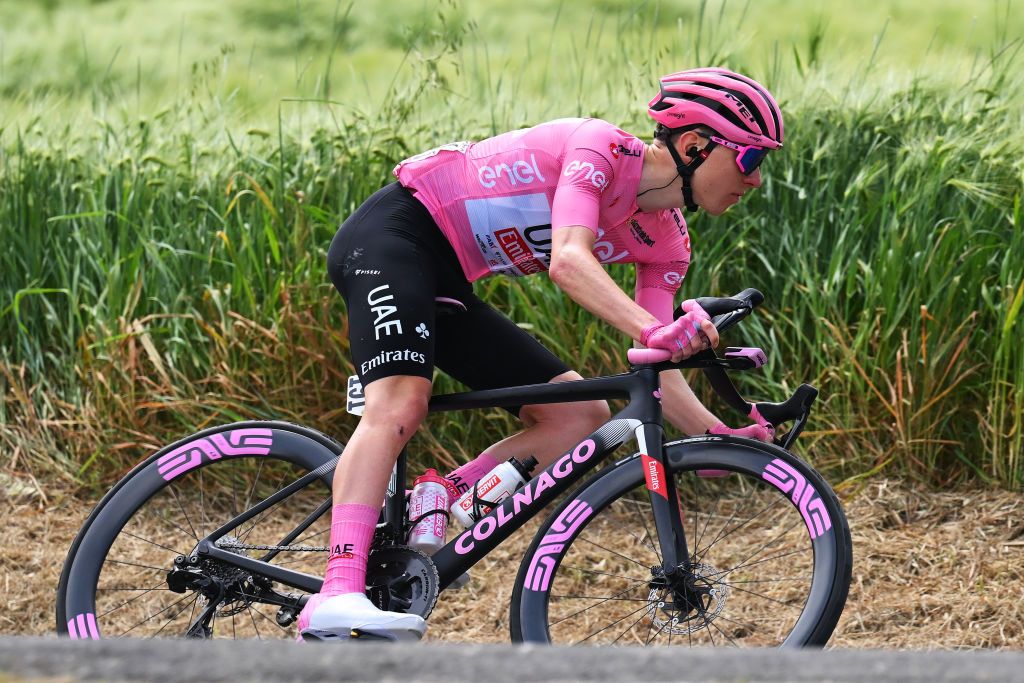 FANO ITALY MAY 16 Tadej Pogacar of Slovenia and UAE Team Emirates Pink Leader Jersey competes during the 107th Giro dItalia 2024 Stage 12 a 193km stage from Martinsicuro to Fano UCIWT on May 16 2024 in Fano Italy Photo by Tim de WaeleGetty Images