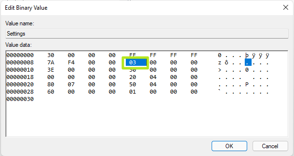 Change the value from 03 to 01